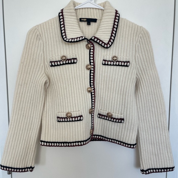 Maje Jackets & Blazers - Maje Cream Ribbed Knit Blazer with Black and Burgundy Trim